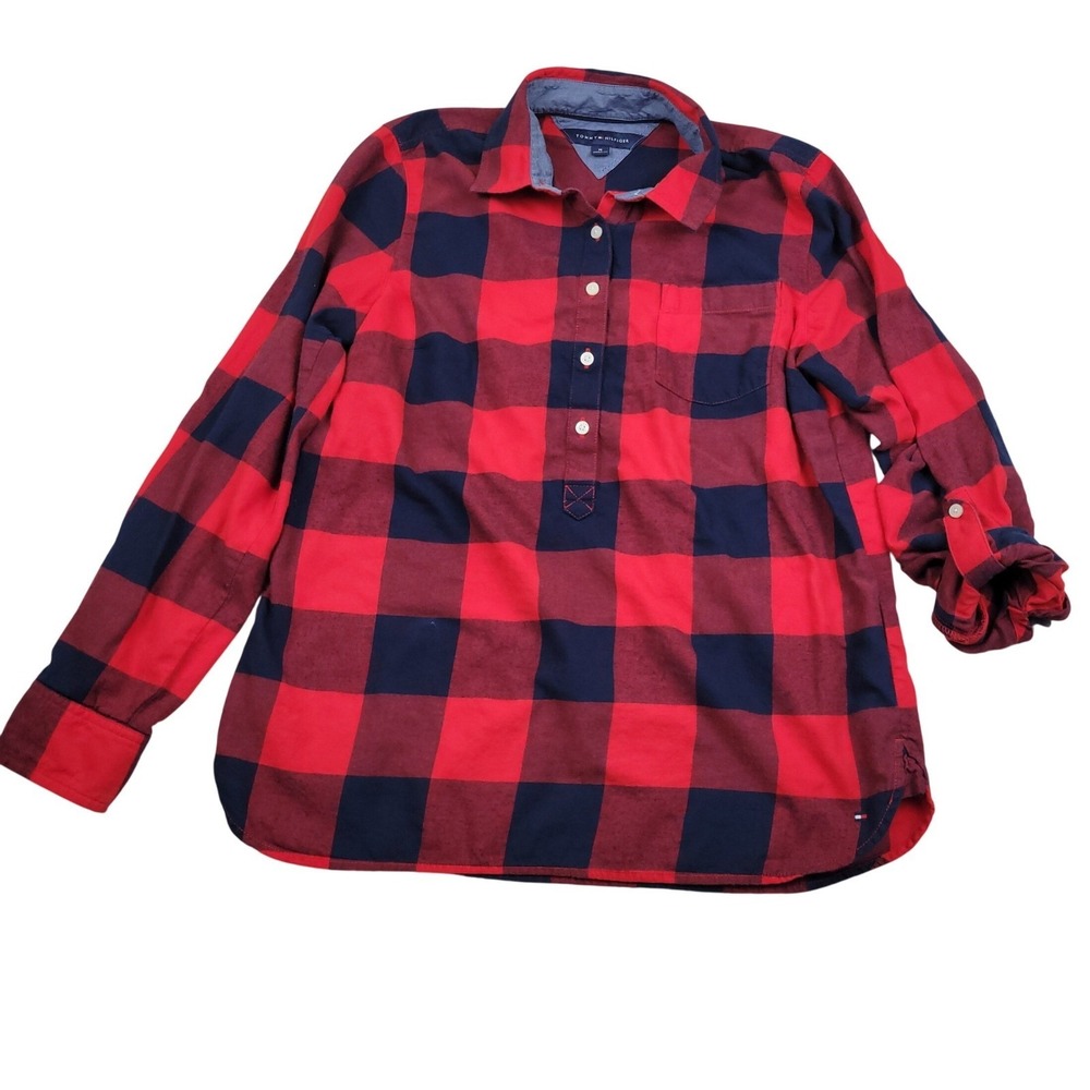 Tommy Hilfiger Plaid Buffalo‎ Check Flannel Shirt Womens M Red Roll-Up Sleeves